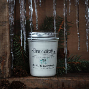 The Serendipity Soy Candle Company 8 oz Mason Jar Candle Icicles and Evergreen