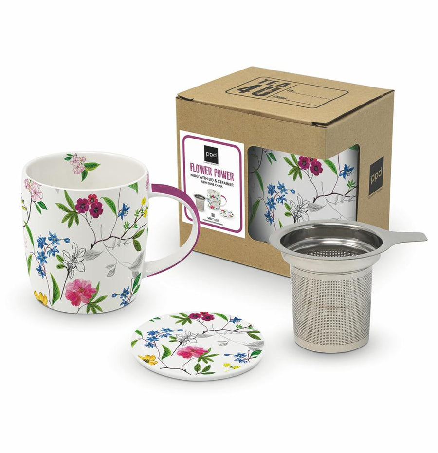 PPD New Bone China Mug With Lid & Strainer Flower Power