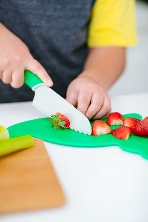 Handstand Kitchen Cutting Board & Kid Safe Knife Set Dinosaur