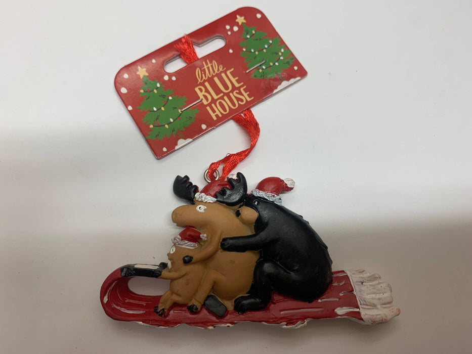 Little Blue House Christmas Ornament Sledding Friends