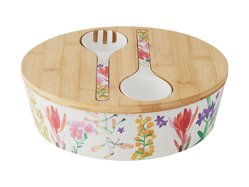 Maxwell Williams Wildflowers Bamboo Salad Bowl with Lid and Servers