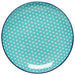 The Danica Appetizer Plate Aqua Stars features a round ceramic design with a turquoise background and a repeating geometric star pattern in white. Its rim is dark blue, and there is a small glossy white spot near the bottom right side.