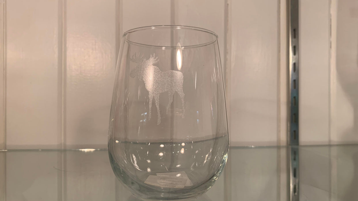 Etched Stemless Wine Glass Tumbler Moose