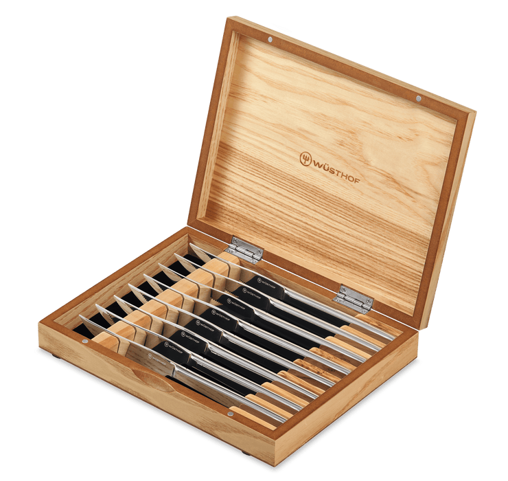 Wusthof 8 piece Stainless Steak Knife Set in Olivewood Storage Chest