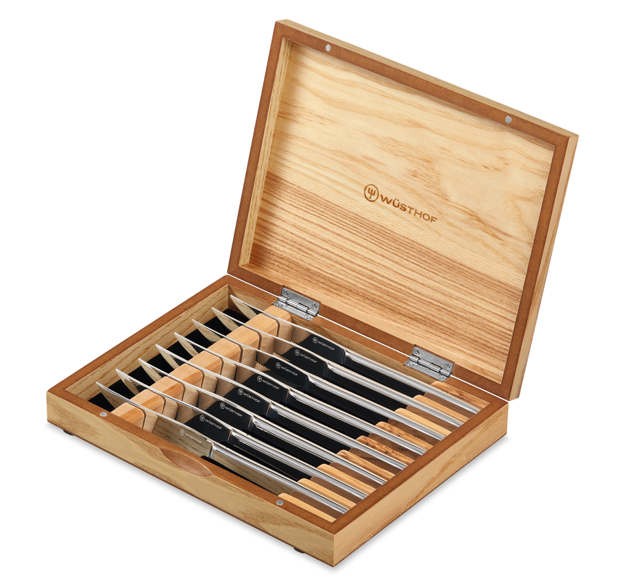Wusthof 8 piece Stainless Steak Knife Set in Olivewood Storage Chest